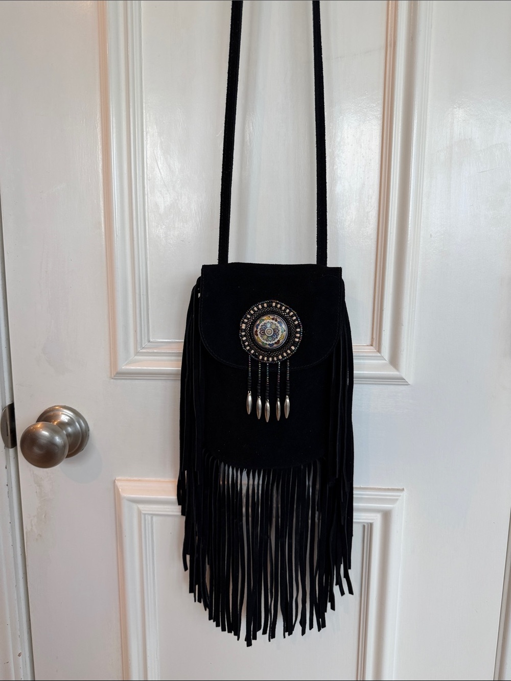 Black Fringe Crossbody Bag with Decorative Chic Boho Western Medallion Accent